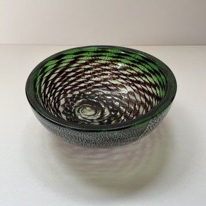 Vtg. Green & Purple Joker Vibes Art Glass Swirl Patterned Bowl Decor